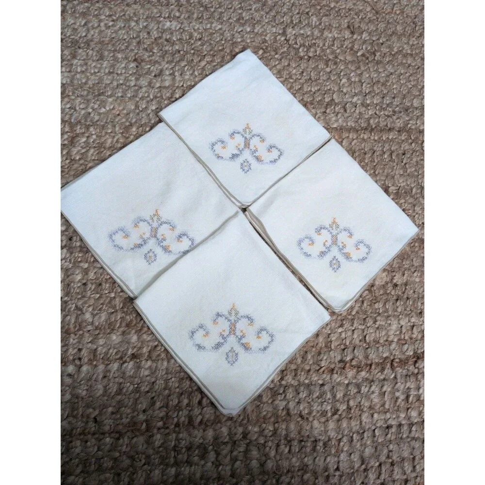 Vintage Linen Dinner Napkins Set Of 4 Cross Stitch Embroidery Blue Gold Metallic